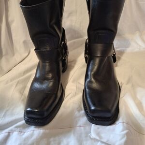 FRYE 8R Black Leather Harness Ankle Boots with Silver Buckle - Refinished As New